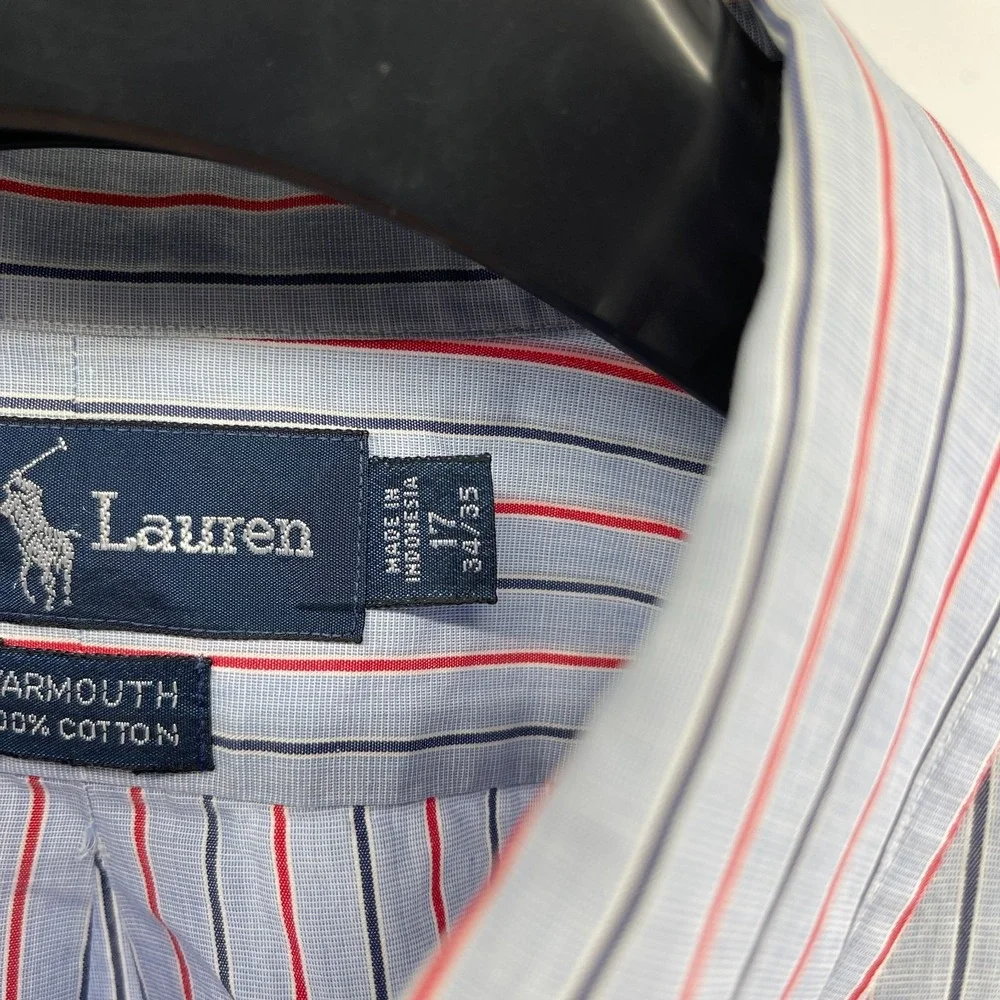 Polo Ralph Lauren Shirt Mens 17 34/35 Blue Striped Yarmouth‎